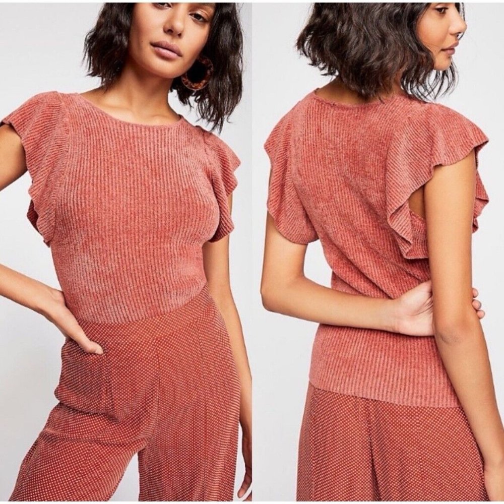 Free People FP One Nikita Ruffle Sleeve Top Rose Pink Soft Ribbed Blouse Shirt